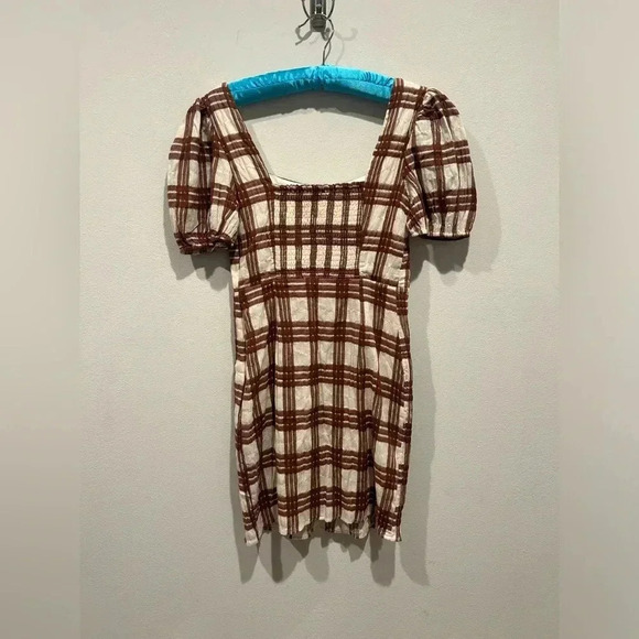 SAGE THE LABEL Tennessee Brown Plaid Puff Sleeve Mini Dress / Size Small / - Picture 5 of 11